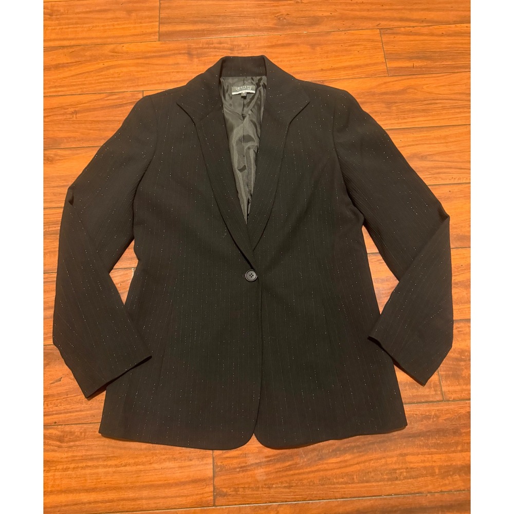 Lafayette‎ 148 New York Blazer Womens 8P Black Pinstripe Wool Sparkle Jacket